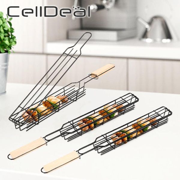 

tools & accessories portable grilling basket bold iron wooden handle bbq grill mesh for vegetable dog outdoor kitchen tool