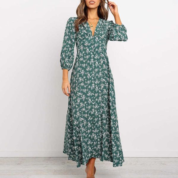 

summer women's 2021 printed v-neck long sleeve high waist dress, Black;gray