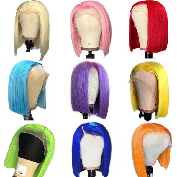 

lace wigs blonde bob wig front human hair pink blue grey orange purple brazilian short for women, Black;brown