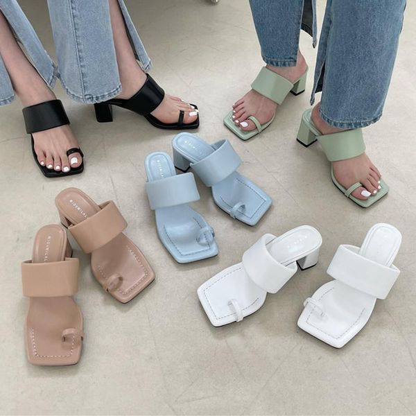 

slippers 2021 fashion women solid color pinched toes open toe comfortable medium heels slides summer ladies valentine sandals, Black