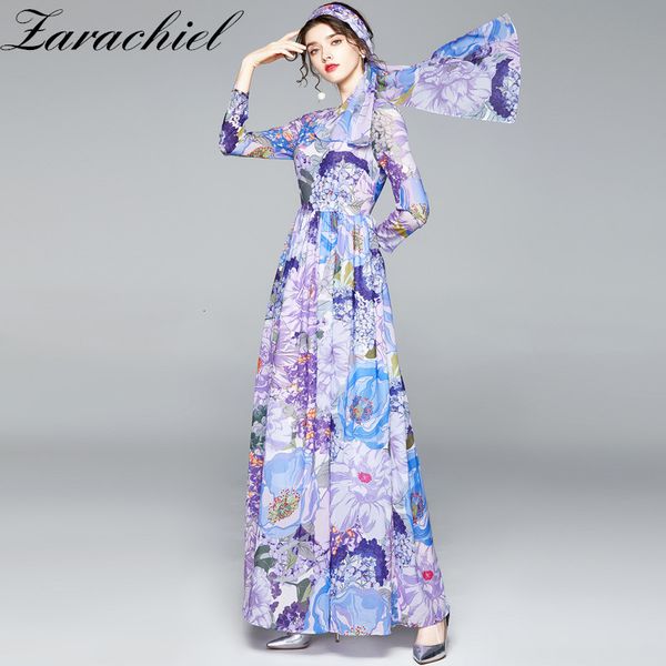 

dresses autumn summer runway floor-length maxi women sleeve floral print boho beach vacation chiffon long es + scarf, Black;gray