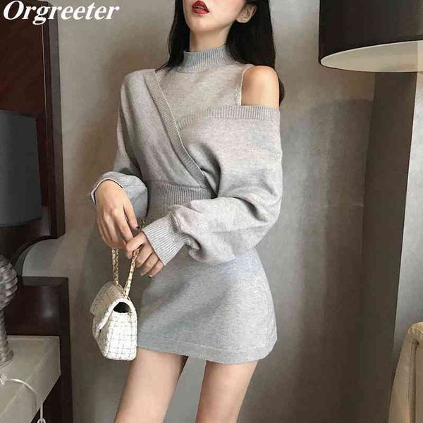 

simple solid knitted jumper and dress two piece set women autumn puff sleeve v-neck sweater short 210525, White