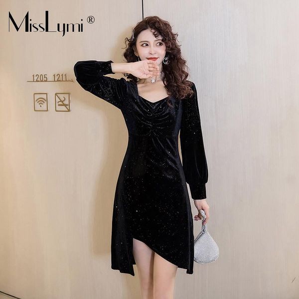 

casual dresses misslymi black asymmetry velvet dress women 2021 autumn winter fashion vintage pleated square collar long sleeve ladies, Black;gray