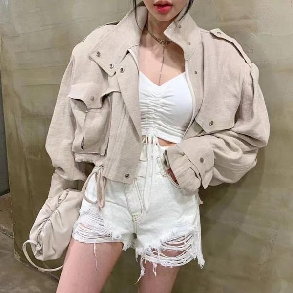 

women's jackets casual solid cargo jacket with pockets korean fashion zipper open front cropped coat for lady streetwear, Black;brown