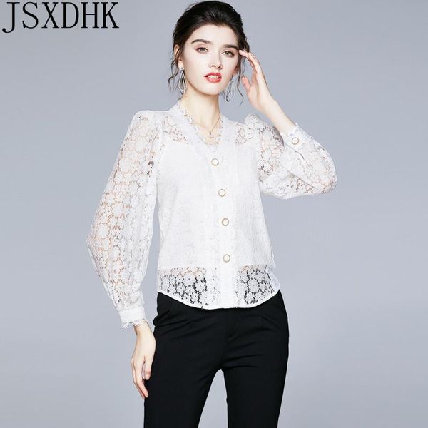 

summer runway designers v neck hollow out white lace shirts 2 pieces women long sleeve single-breasted +underwear sling vest women's po
