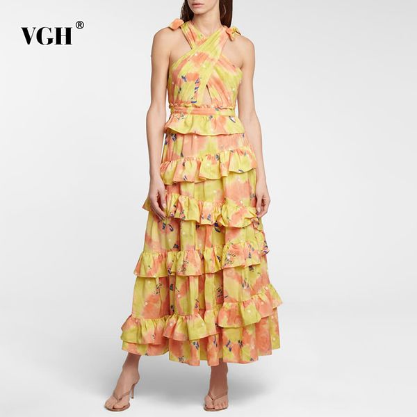 

vgh hollow out party dress for women v neck sleeveless high waist print hit color dresses female fashion new stylish 210421, Black;gray