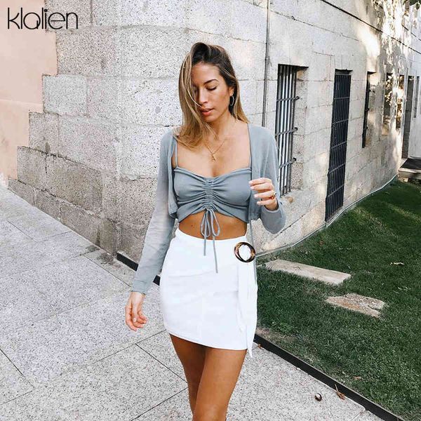 

t shirt autumn fashion elegant camisole and rib knitted cardigan t-shirt women simple basic solid soft stretch female t shirt, White