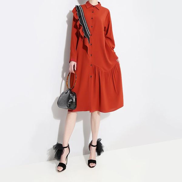 

casual dresses spring 2021 long sleeve asymmetric shirt dress for women ruffles black loose, Black;gray