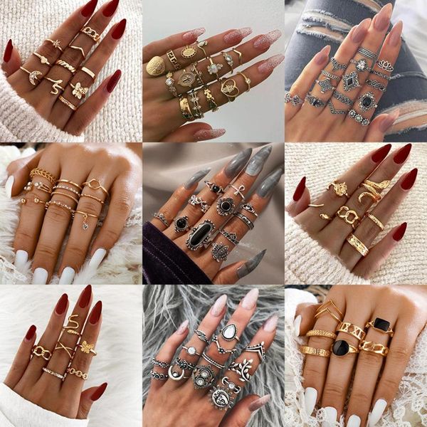 

cluster rings gold color for women vintage geometric snake cross moon flower crystal knuckle ring set party retro bohemian jewelry, Golden;silver