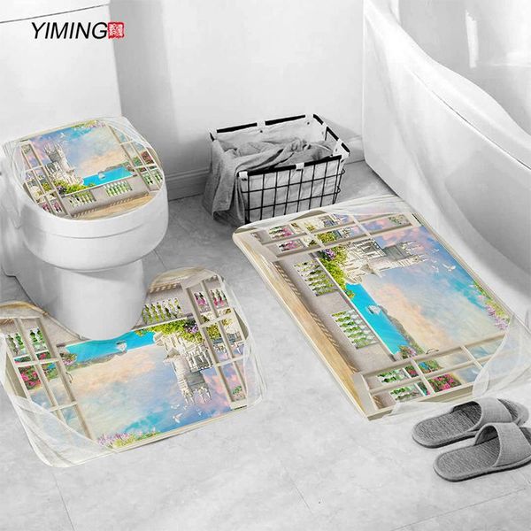 

beautiful view outside the window seaside beach bathroom non-slip carpet toilet floor mats shower room suit 3pcs bath