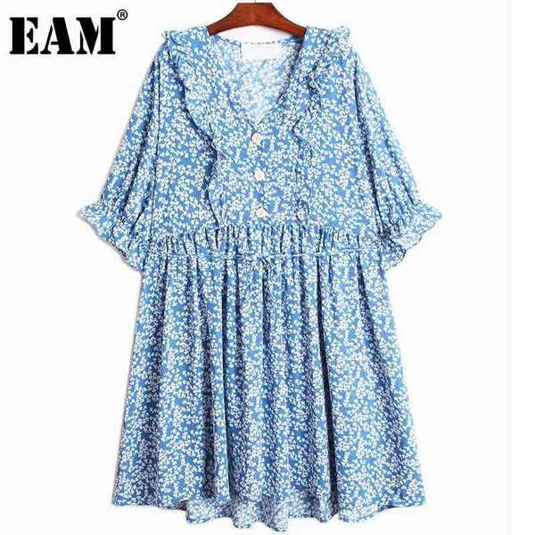 

[eam] women blue printed ruffles sashes chiffon dress v-neck short sleeve loose fit fashion spring summer 1dd8583 21512, Black;gray
