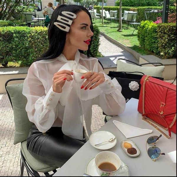 

fashion lace mesh sheer women shirt see through long sleeve up blouse bowknot transparent white