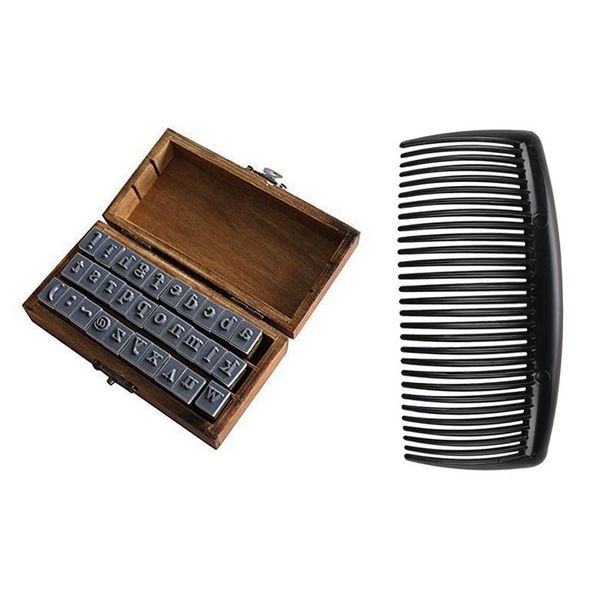 

hair brushes 2 pcs black plastic comb clip clamp for ladies & 30 wooden design lowercase alphabet symbols stamp set brown, Silver