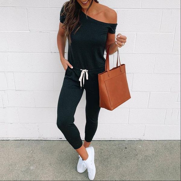 

women jumpsuit summer long overalls elegant female short sleeve one shoulder rompers ladies for black, Black;white