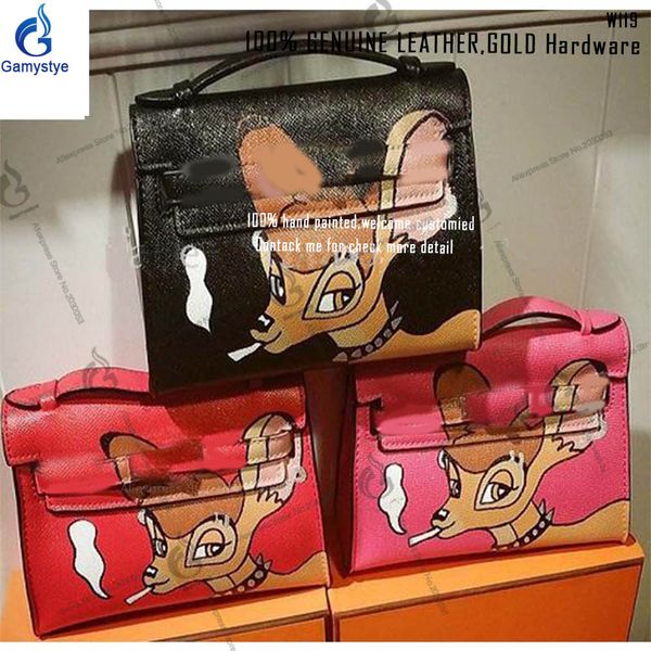 

punk smoking fawn customized name letter hand draw print h women totes cowhide handbags gifts genuine leather bags