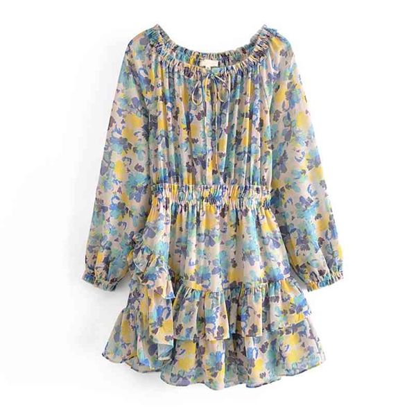 

summer women vintage print asymmetric ruffle dress female long sleeve elastic waist frayed edge short holiday casual robe 210514, Black;gray