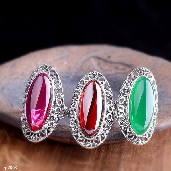 

cluster rings kjjeaxcmy boutique jewelry thai silver 925 sterling exaggerated women's cut red corundum garnet green chalcedony blue san, Golden;silver