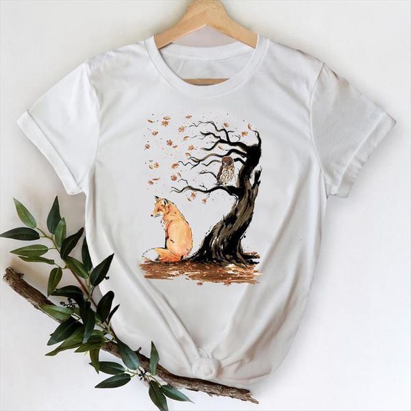 

cartoon fox watercolor 90s printing women t shirt spring summer lady print graphic female tee, White