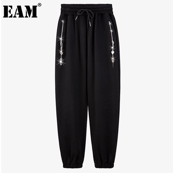 

[eam] high elastic waist black big size metal chain trousers loose fit pants women fashion spring autumn 1dd6350 21512, Black;white