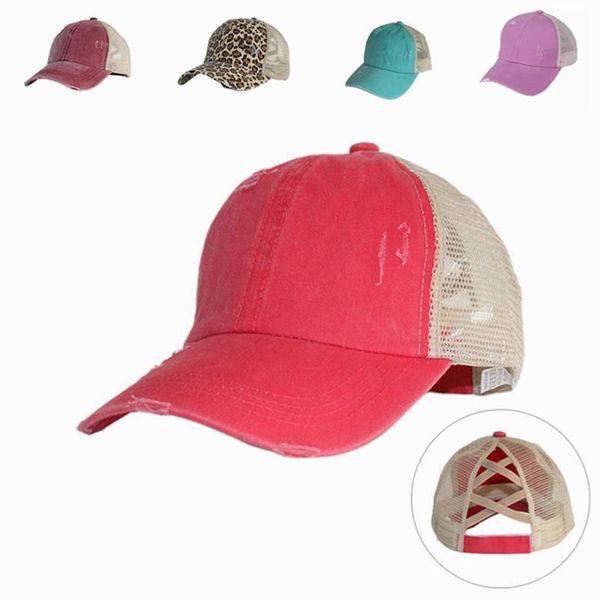 

meisai leopard solid ponytail hat washed make old 15 new styles criss cross ponytail baseball net cap street outdoor sports tide hat lla426, Blue;gray