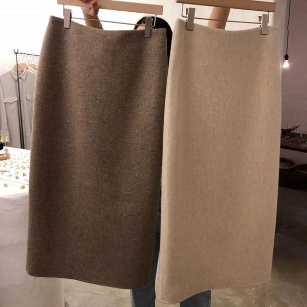 

women 2021 autumn winter formal work high waist pencil skirts female solid slim wool midi package hip skits a487, Black