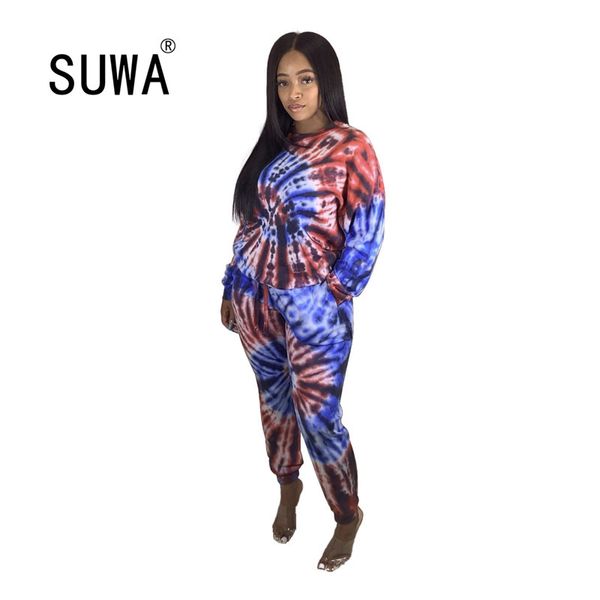 

sporty women tie dye print sweatshirts stacked joggers pants suit active wear tracksuit two piece matching set fitness outfits 210525, White