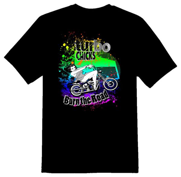 

turbo chicks burning the road 433 black or white tee shirt, White;black