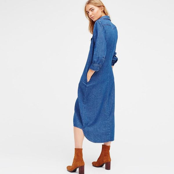 

summer fashion loose single breasted 7 / 6 sleeve denim medium length dress casual dresses, Black;gray