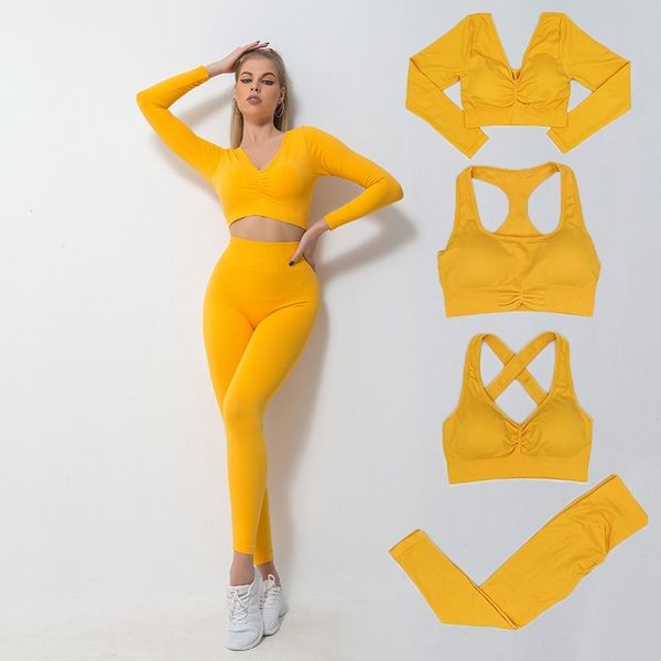 

new style yoga suit four piece set new seamless knitting back lifting hip quick drying exercise fitness in autumn and winter, Gray