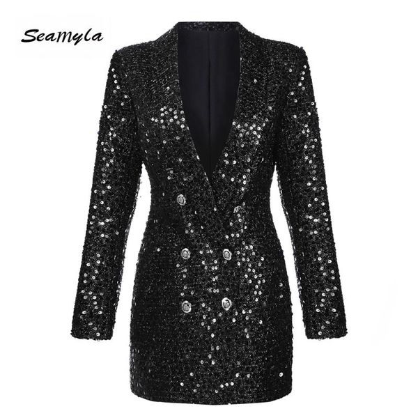 

women's suits & blazers seamyla fashion winter women and jackets lady suit slim black sequined blazer long sleeve double breasted coat, White;black