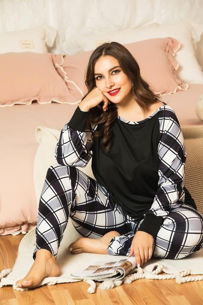 

plus size tracksuits autumn winter pajamas for women loose black plaid t-shirt and long pants home wear two piece suits 4xl conjuntos