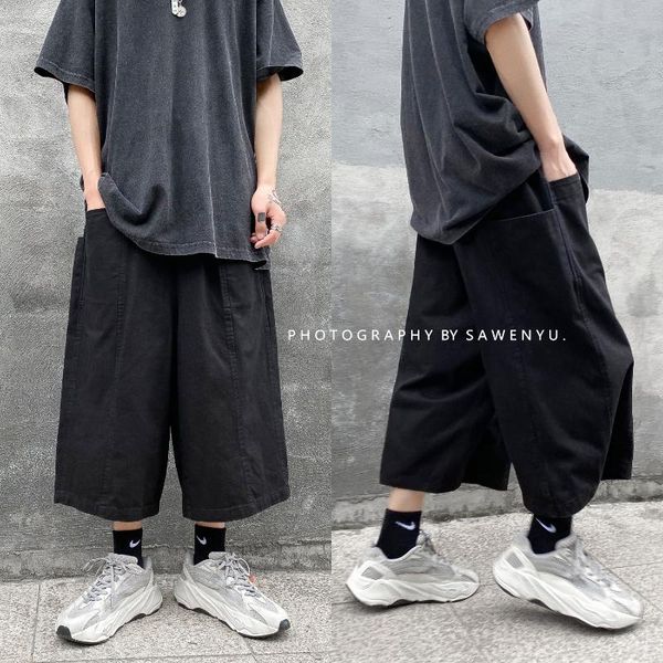 

mens baggy cargo pants with many pockets japanese calf-length pant oversized streetwear loose hip hop ropa hombre pantalon men's, Black