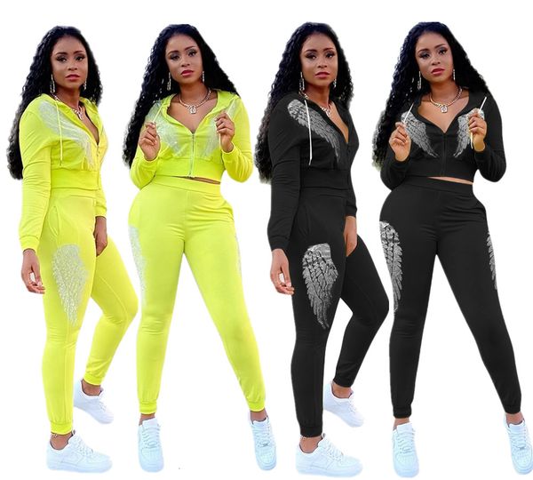 

women's two piece pants fashion set tracksuits for women zipper hooded sweatshirts wing jogger sweatpants suit pockets fitness 2 outfit, White