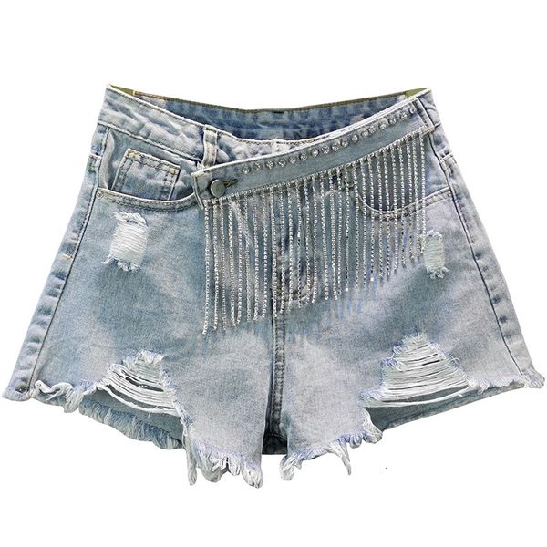 

women's jeans 2021 hole denim shorts women summer waist rhinestone tassel wide leg female loose jean g922 eewe, Blue