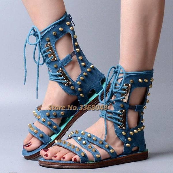 

sandals rivet rome lace up ankle strap open round toe high vamp flat summer gladiator suede tied shoes causal party, Black