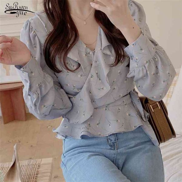 

blusas spring elegant blouse women long sleeve floral chiffon shirt puff chic office lady clothing 10249 210421, White