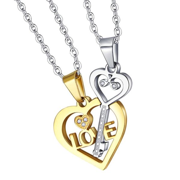 

set of love heart key pendant necklace classic couple gift for lover necklaces, Silver