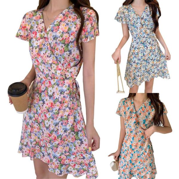 

casual dresses women dress fashion floral print summer v neck ruffled sleeve high waist lace up women's clothing vestido de mujer, Black;gray