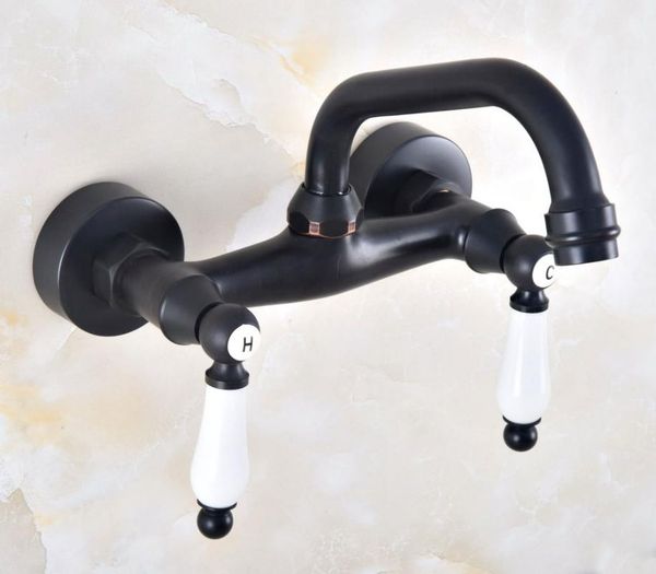 

bathroom sink faucets black oil rubbed brass double hole lever handle kitchen basin faucet mixer / cold tap swivel spout 360' dnf821