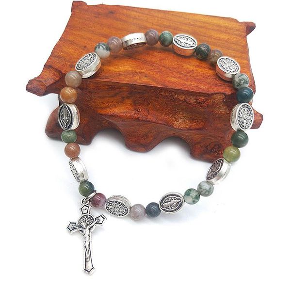 

beaded, strands vintage catholicism handmade colorful natural stone agate women religious gift rosary beaded cross bracelets jewelry accesso, Black