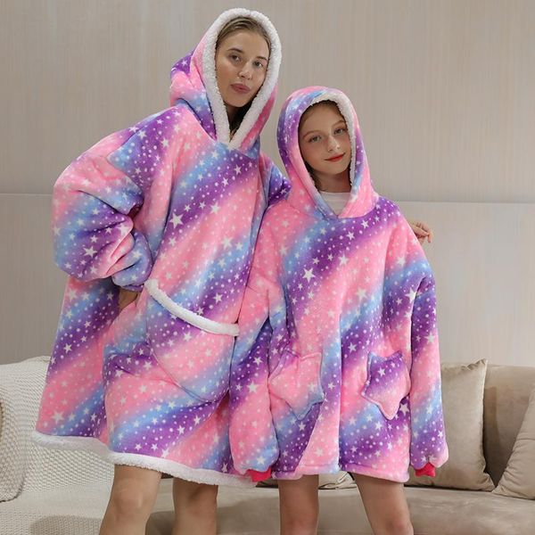 

women's hoodies & sweatshirts sherpa wearable blanket hoodie women kids cartoon printed oversized fleece sleepwear thick hoody sweatshi, Black