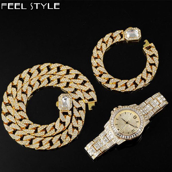 

hip hop 12.5mm 3pcs kit heavy watch+square necklace+bracelet bling crystal aaa+ iced out cuban rhinestone chains for men jewelry x0509, Black