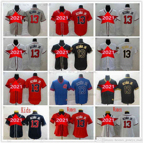 

2022 man women youth kids stitched baseball 13 ronald acuna jr. jerseys grey black gold white red dark blue jersey size s-xxxl