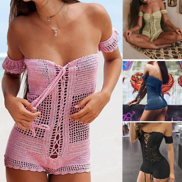 

women's jumpsuits & rompers women summer casual crochet fishnet sarong handmade bodycon knitting beach jumpsuit, Black;white