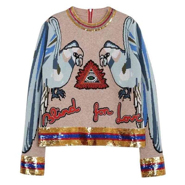 Outono inverno pista de decolagem bordado lanteja de tricô blusas moda parrot jacquard manga longa o pescoço mulheres pulôver pulseira 210416