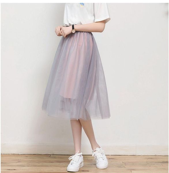 

skirts fashion women tulle skirt pleated high waist midi thin mesh loose, Black