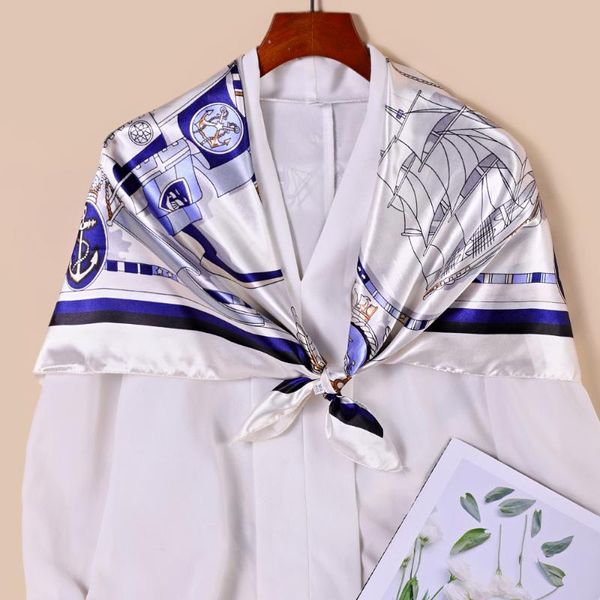 

scarves summer ship anchor printed silk scarf lady's with hand gift, Blue;gray