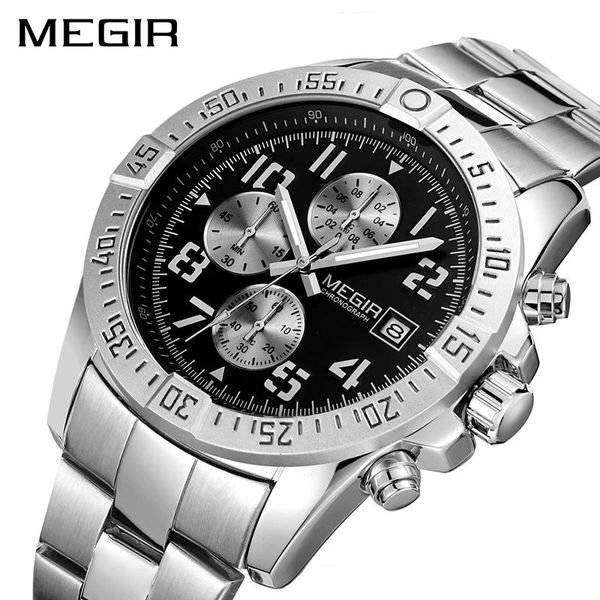 

wristwatches megir fashion trend men's watch stainless steel multifunction three eye watches chronograph running seconds luminous 2030g, Slivery;brown