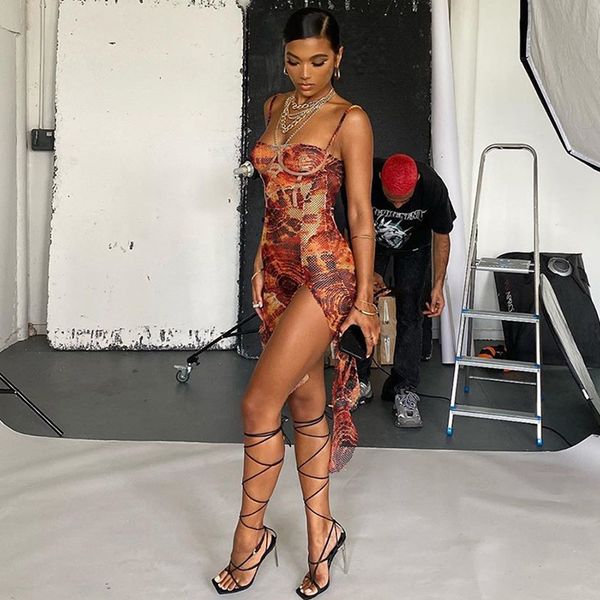 

kliou mesh print side slit bodycon women camisole dress 2021 fashion sleeveless backless party clubwear mini dresses casual, Black;gray