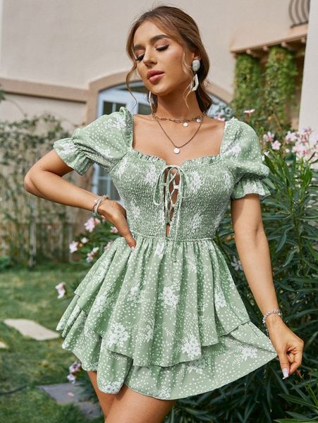 

simplee floral print shirred lace up front puff sleeve tie back romper n34h#, White